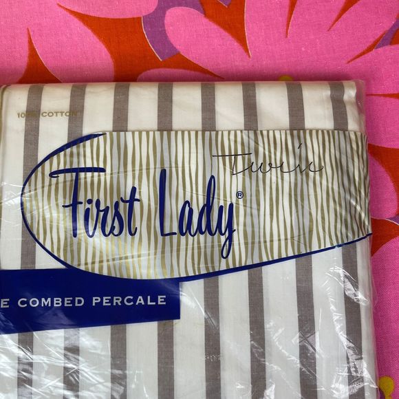 60s Vintage Striped Twin Flat Percale Sheet NIP - Picture 2 of 5